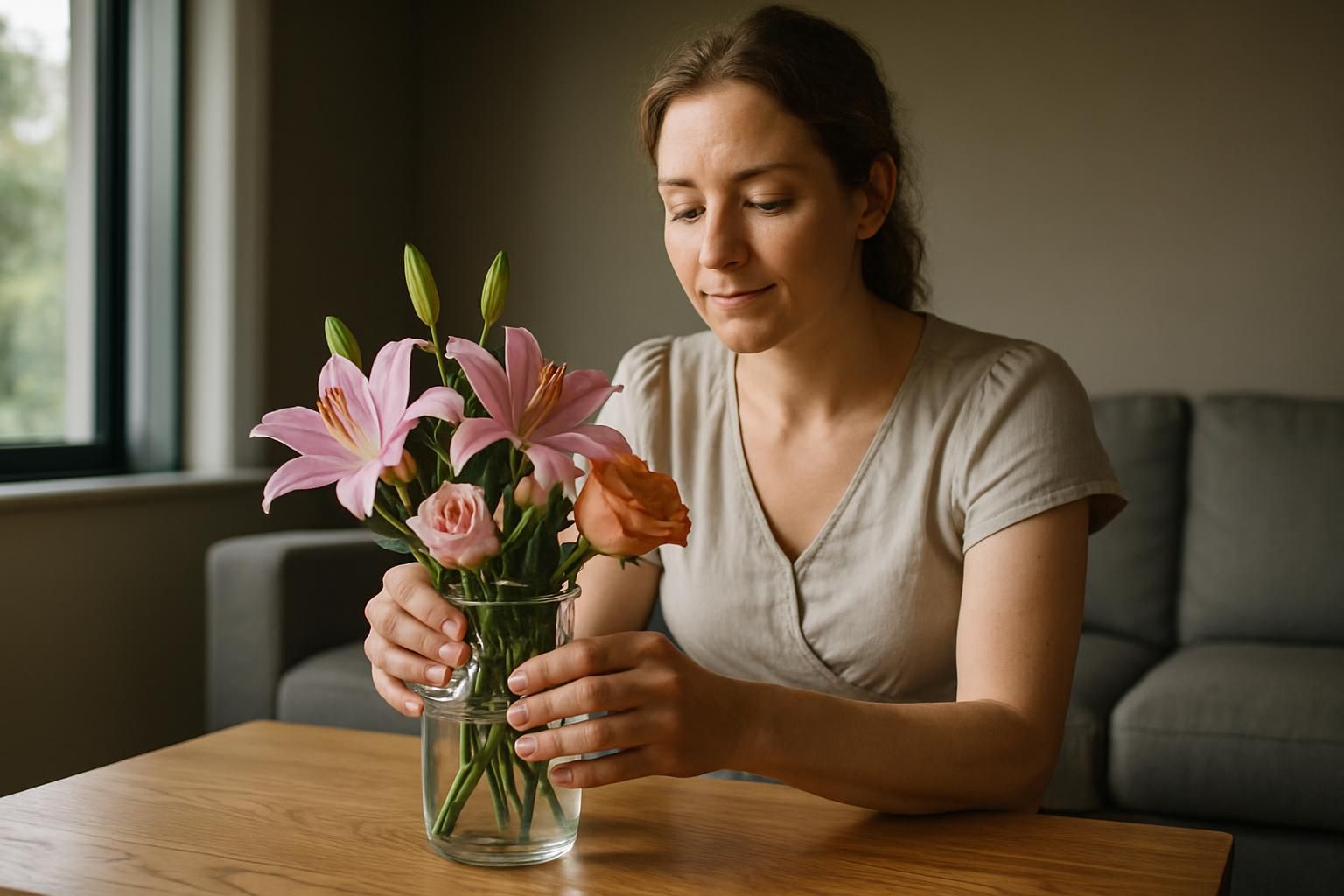 A woman places a bright bouquet on a living room table.