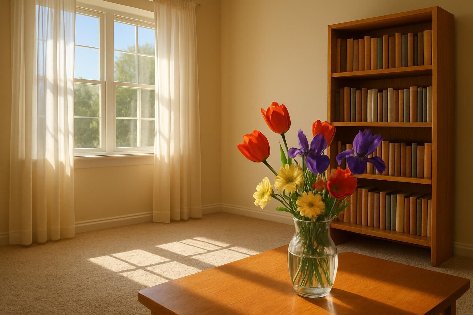 A bright living room with flowers and neatly arranged books.