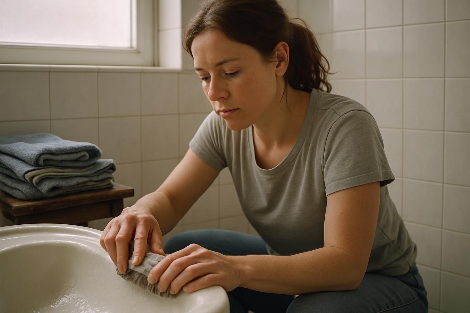 A woman cleans her bathroom, showing steady focus and effort.