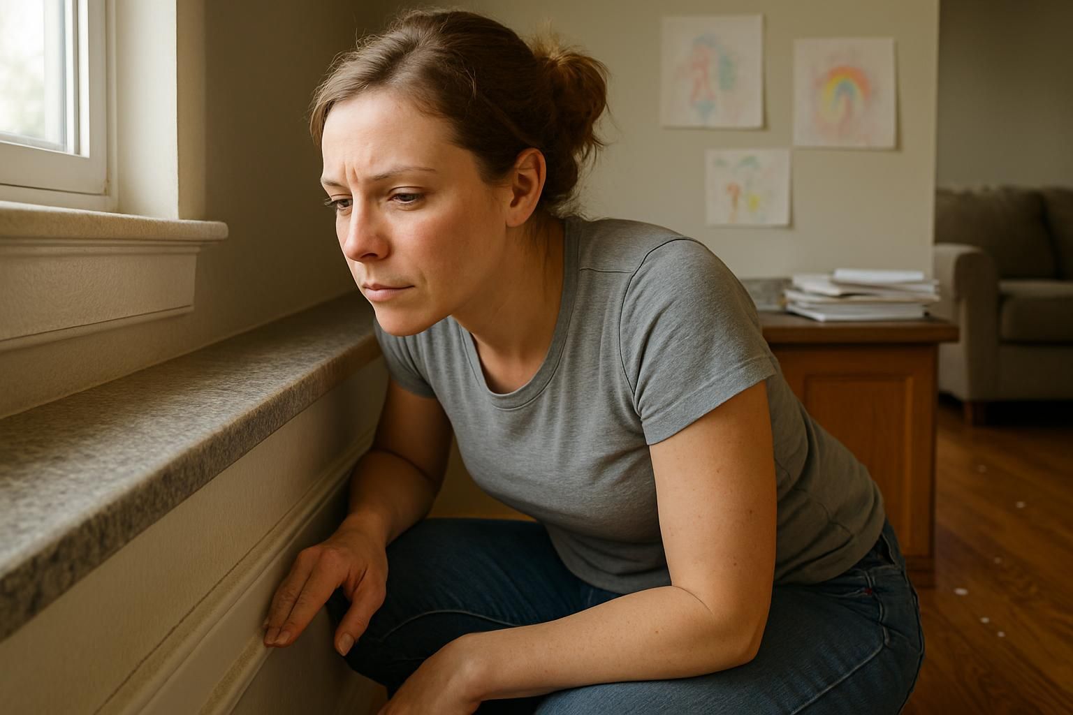 A woman checks dusty kitchen baseboards in a cozy home.