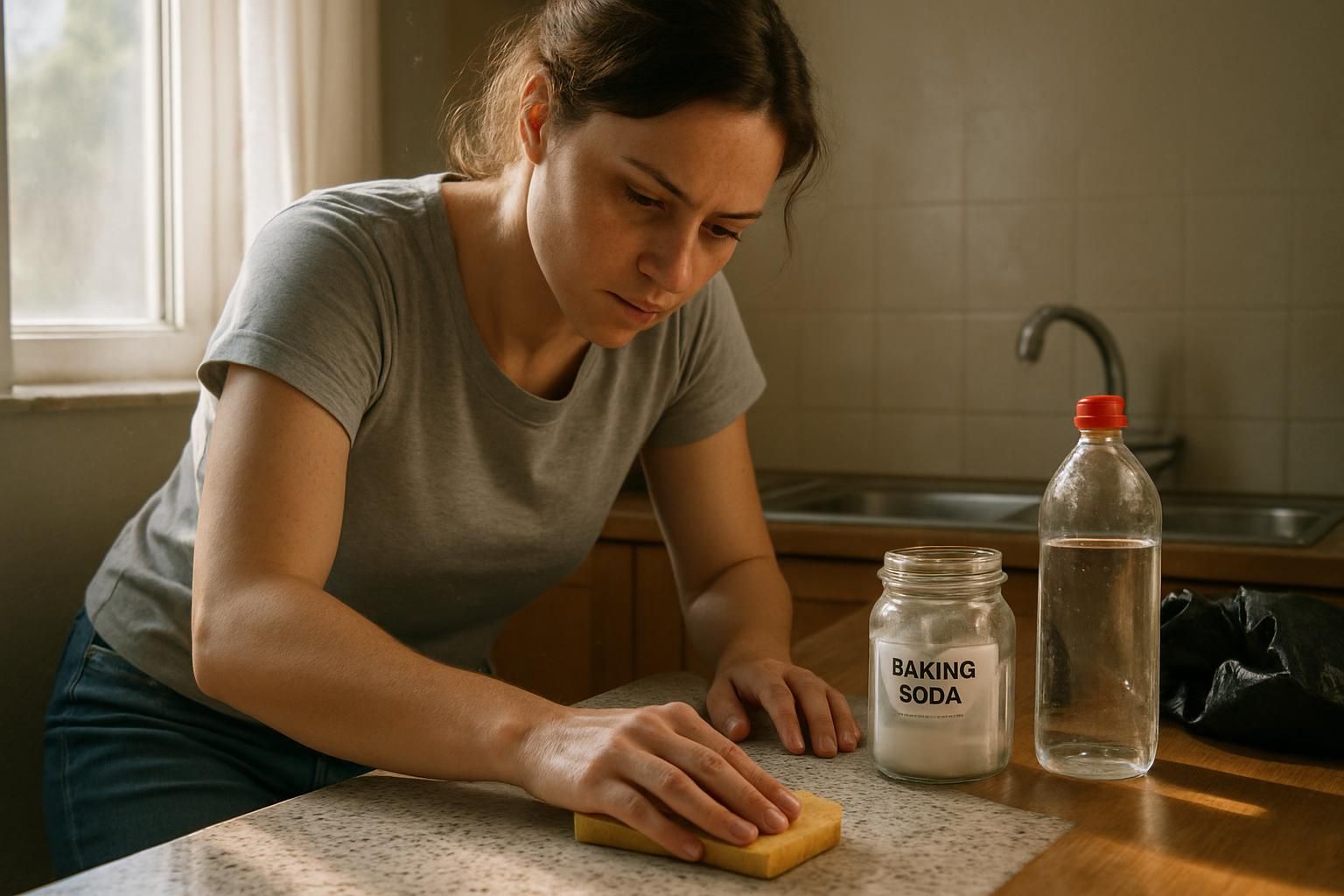 A focused woman wipes a granite countertop with a yellow sponge.