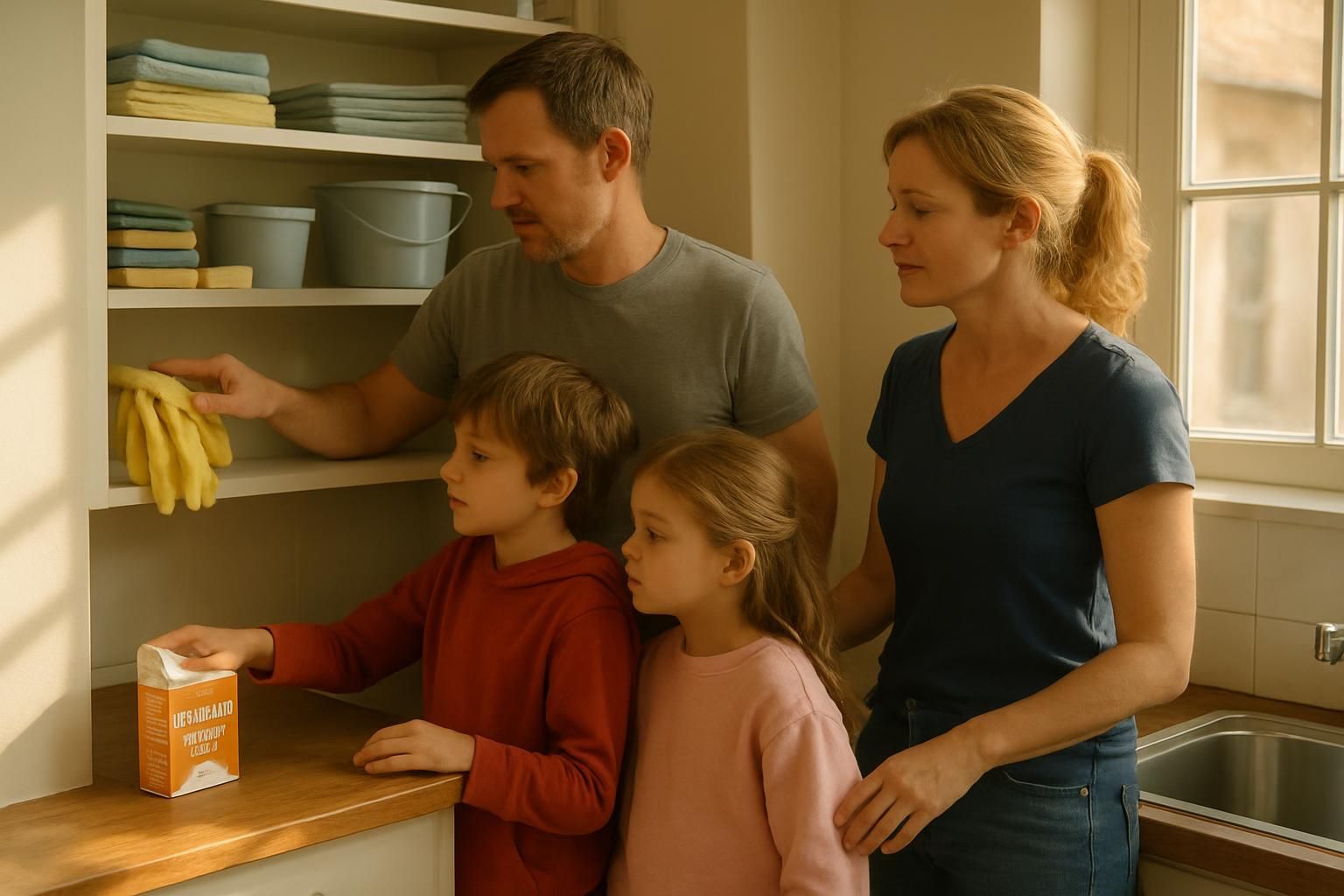 A family of four lines up supplies to clean their kitchen together.