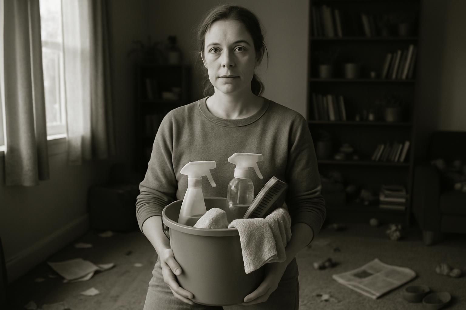 A woman gathers supplies to clean a busy, lived-in room.