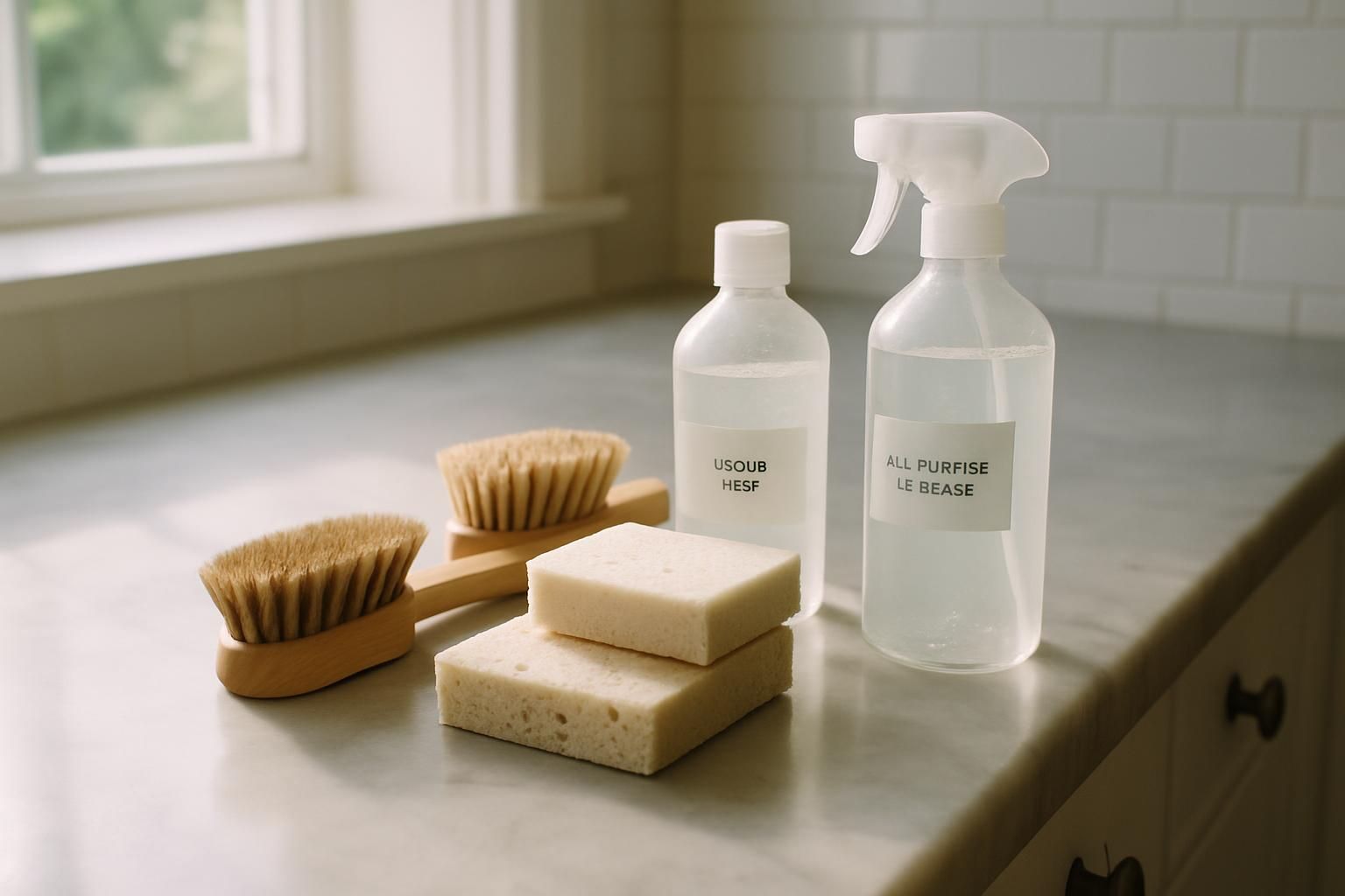 A neat kitchen countertop organized with cleaning tools and supplies.