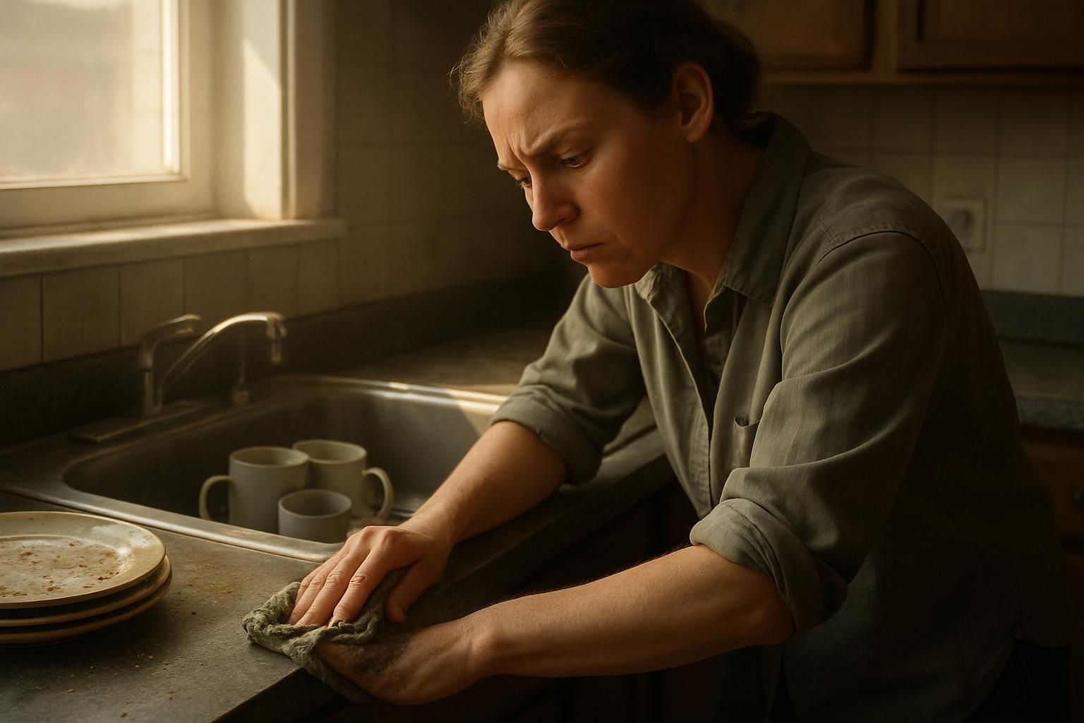 A woman tidies a busy kitchen as part of New Year prep.