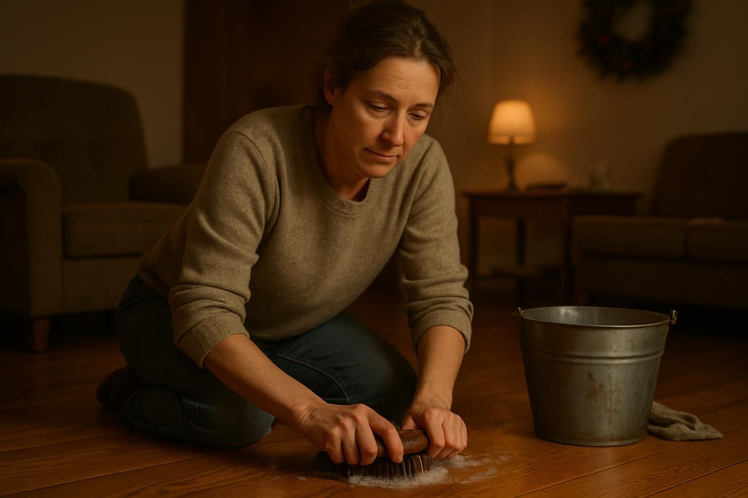 A determined woman cleans her living room on New Year's Eve.