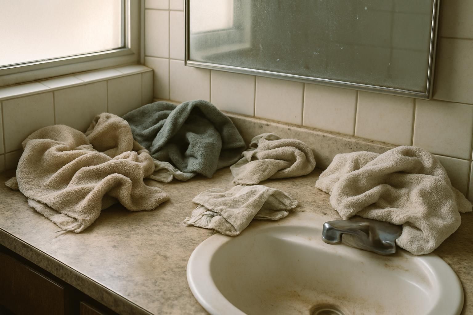 A cluttered bathroom counter ready for a deep clean and fresh towels.