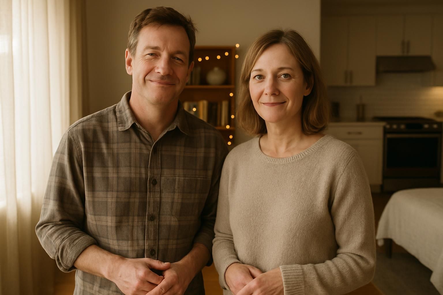 A couple relaxes in a clean living room after finishing the holiday checklist.