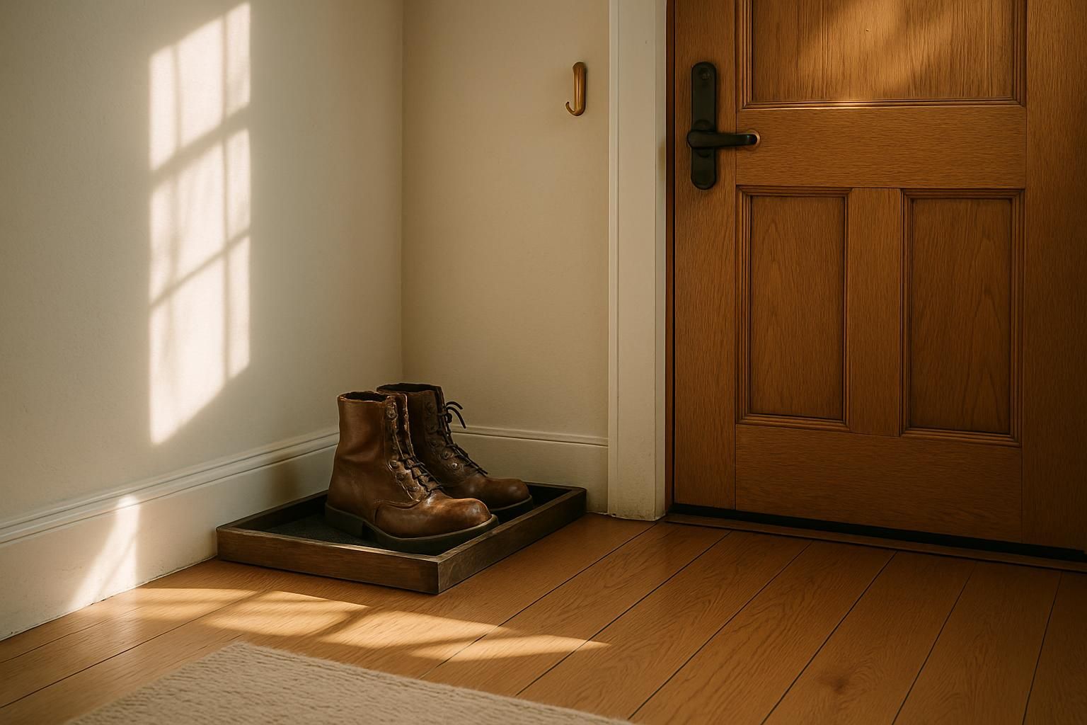 An inviting entry with clean floors and neatly lined shoes.