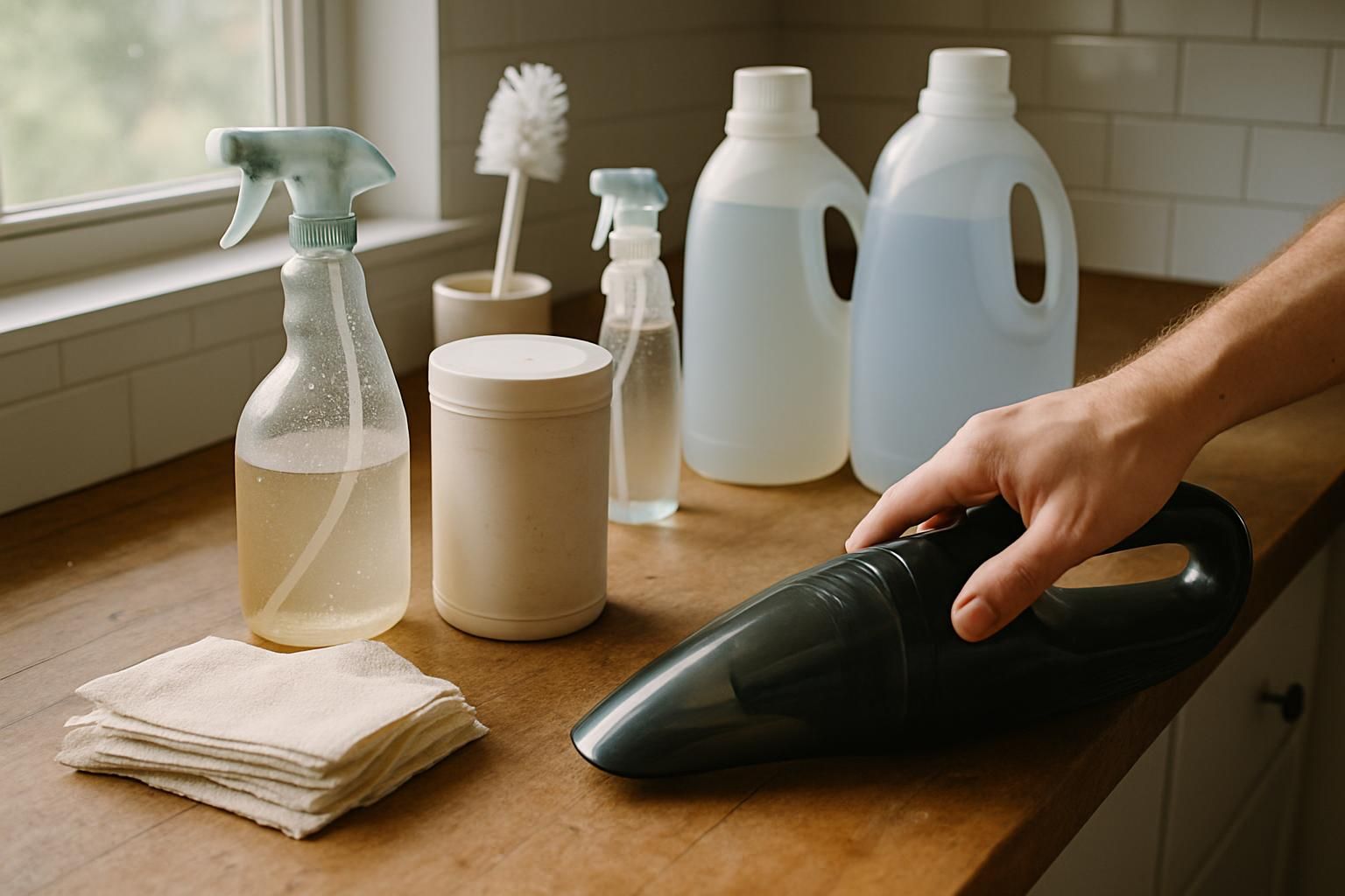 Kitchen counter filled with sprays, wipes, and scrub brushes for holiday cleaning.