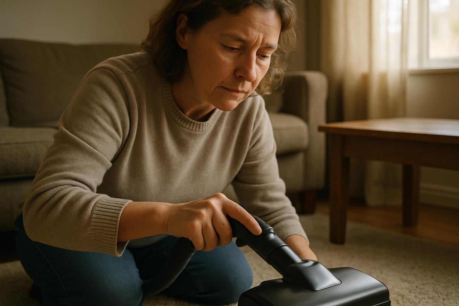 A woman vacuums a living room rug as part of pre-holiday cleaning.