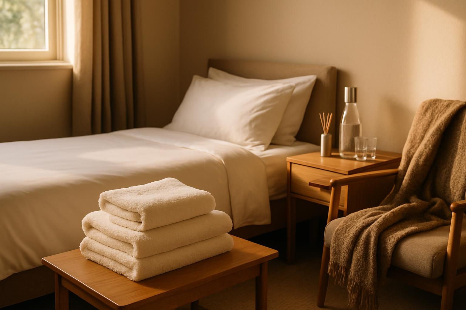 A peaceful guest room with clean sheets, pillows, and warm lighting.