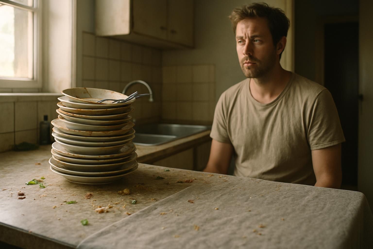 A busy kitchen with dishes stacked and a host planning cleanup steps.