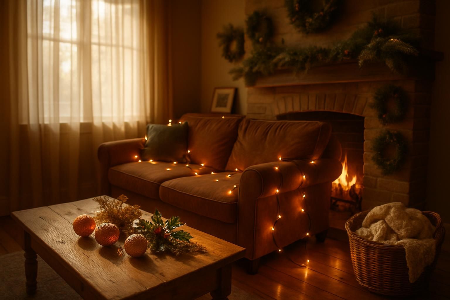 A festive living room with candles, lights, and clutter-free surfaces.