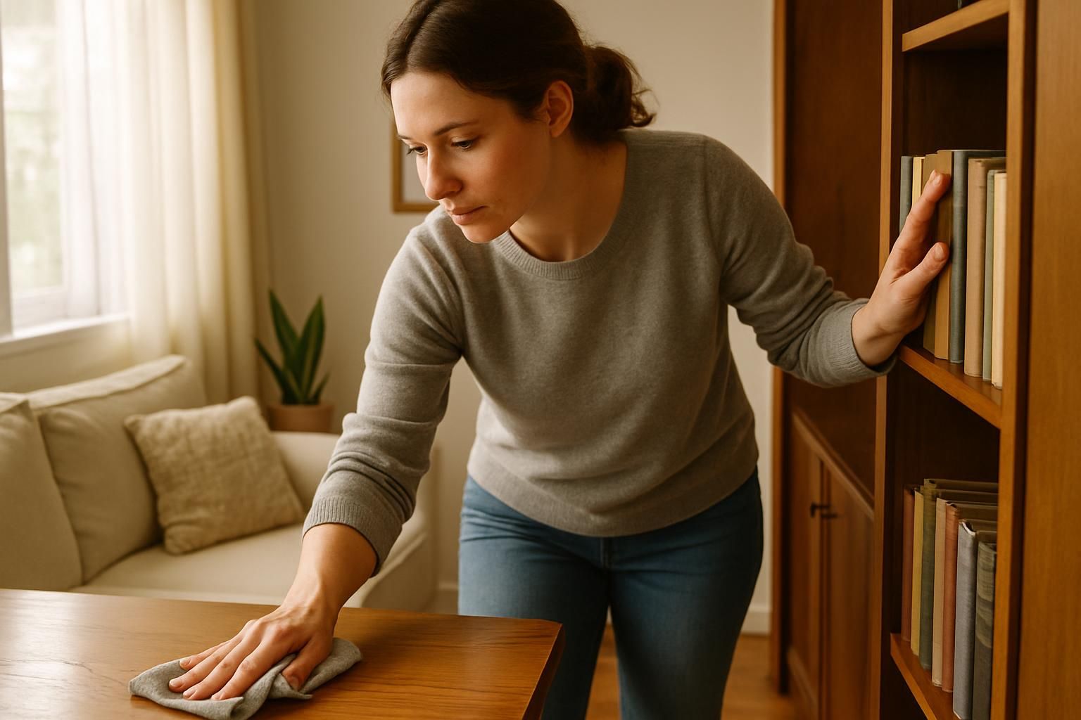 A woman straightens books and wipes a coffee table in a bright living room.