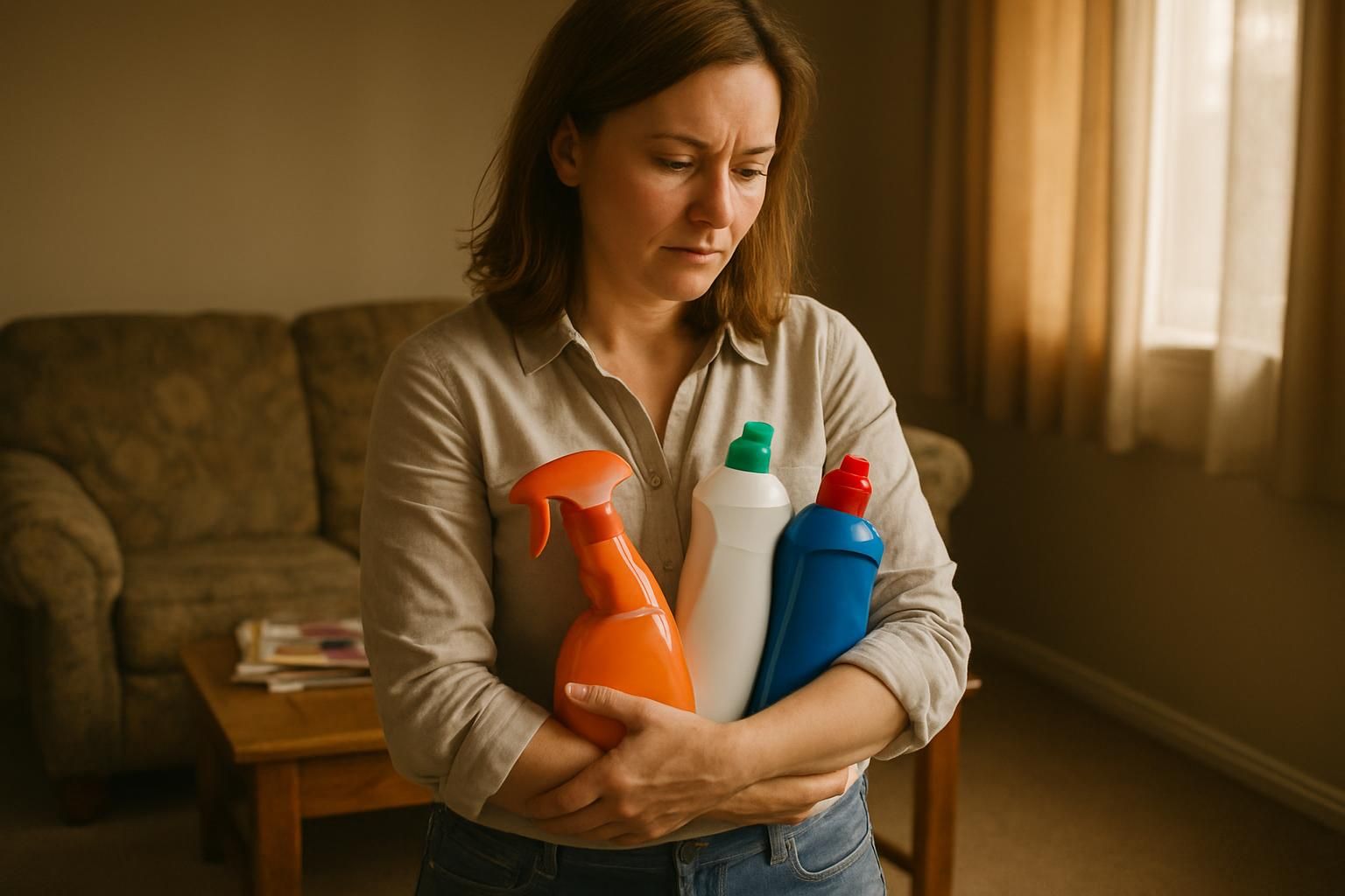 A woman gathers supplies to start holiday cleaning in a tidy living room.