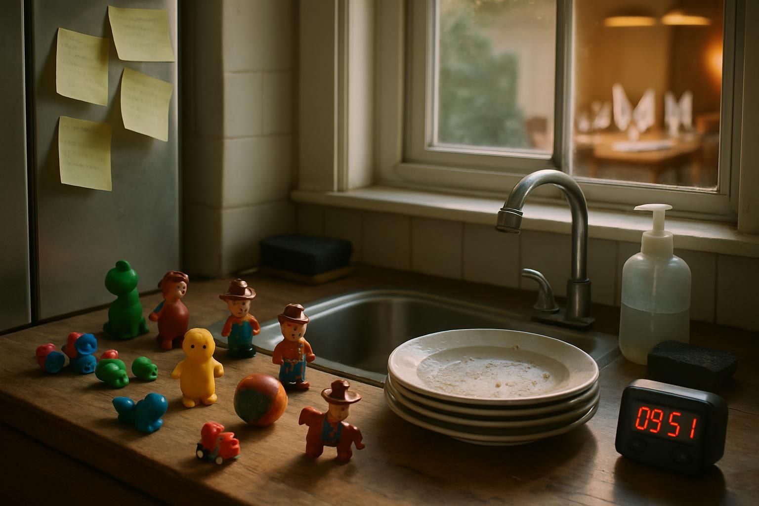 A cluttered kitchen sits beside a ready-to-host dining table.