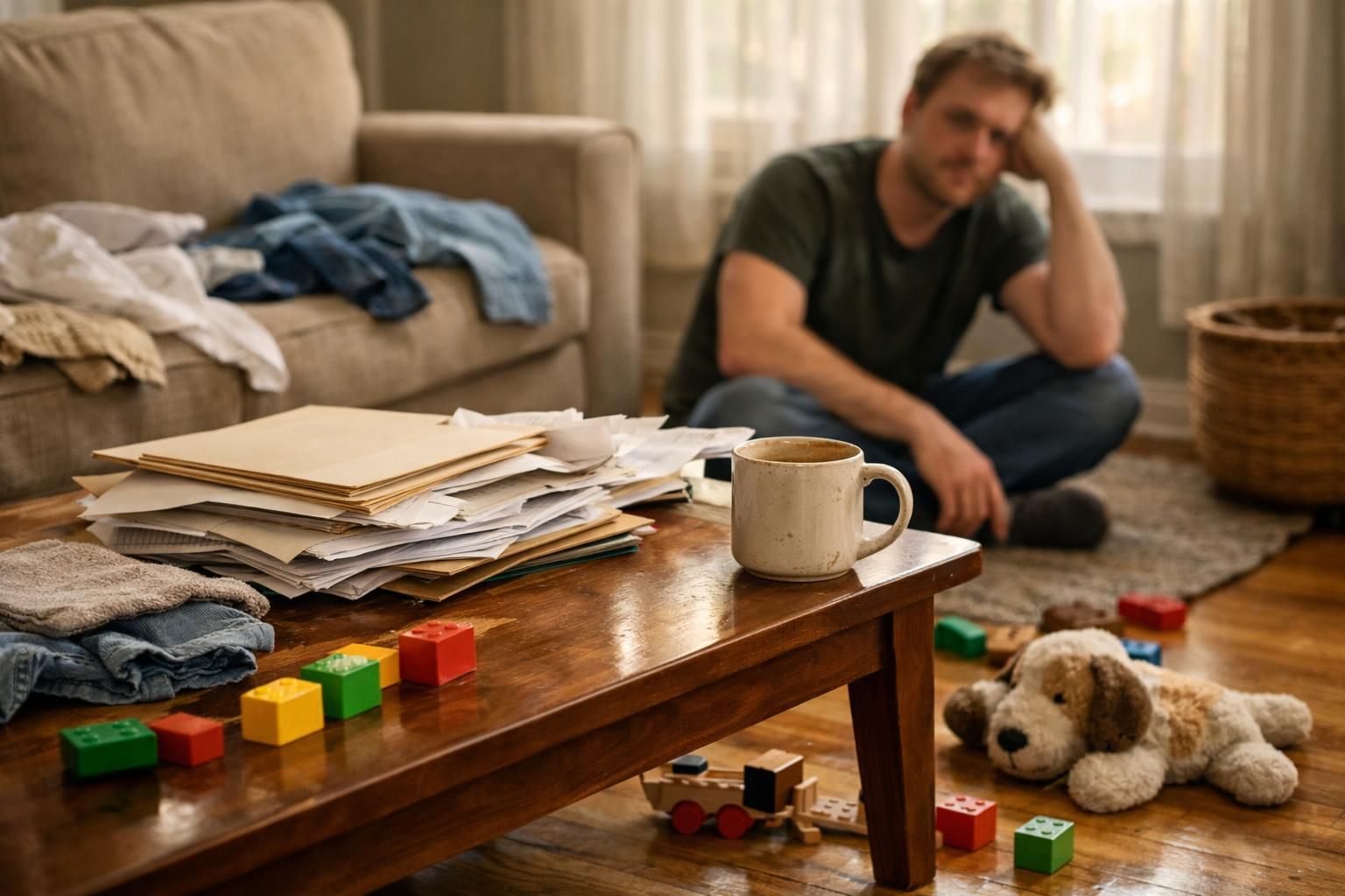 A family room with toys and papers that must be cleared before cleaning.