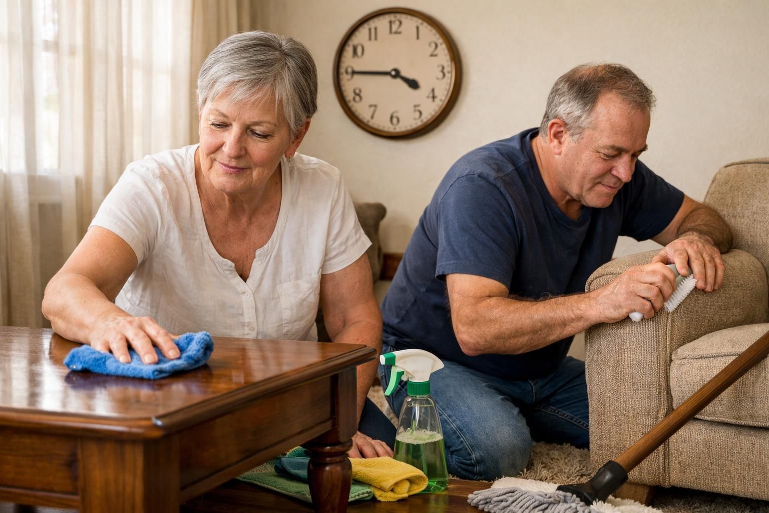 An older couple cleaning their living room efficiently.