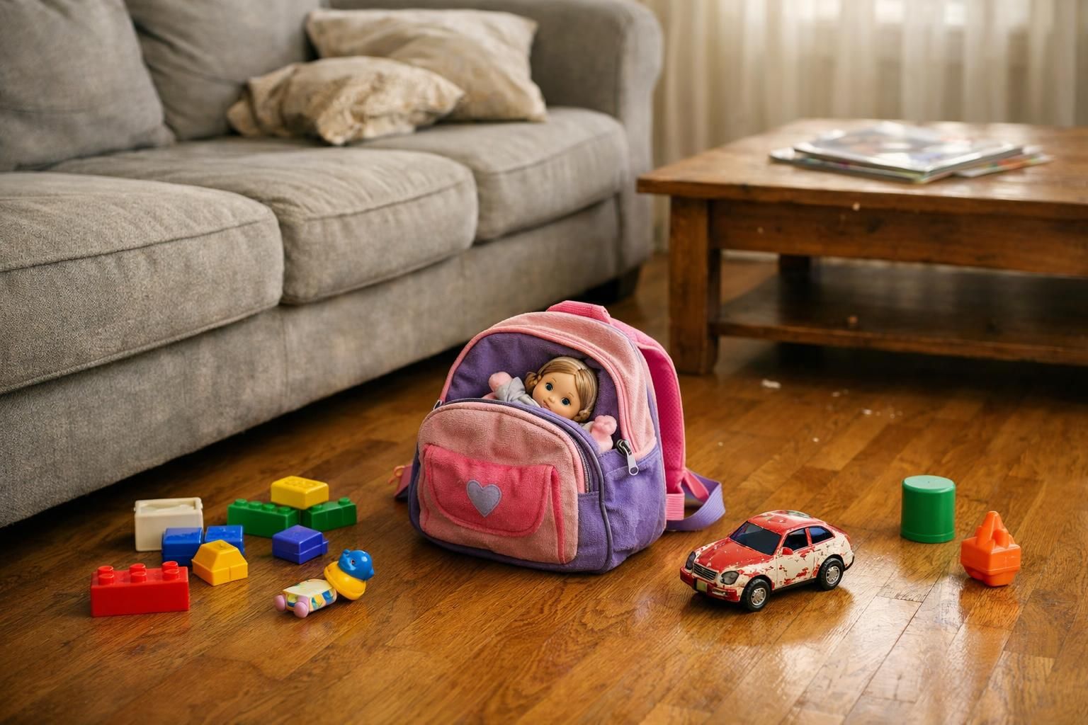 A lived-in family room with toys and daily clutter that slow cleaning.