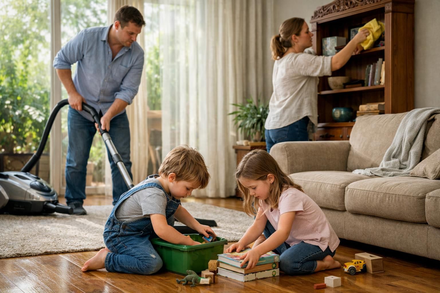 A family tackling the living room together to finish faster.