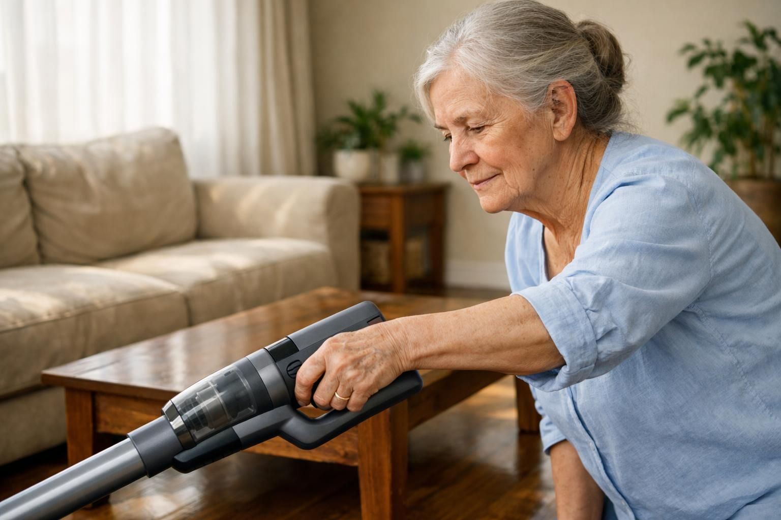 An older adult vacuuming a tidy living room efficiently.