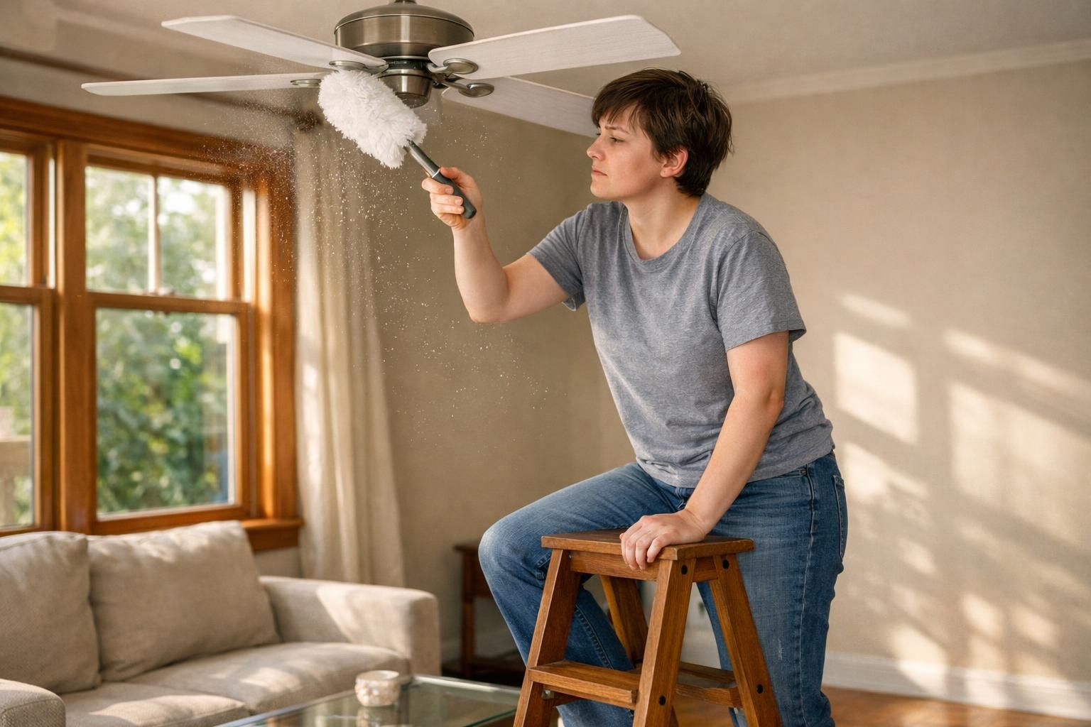 A young adult dusts a ceiling fan using a step stool for reach.