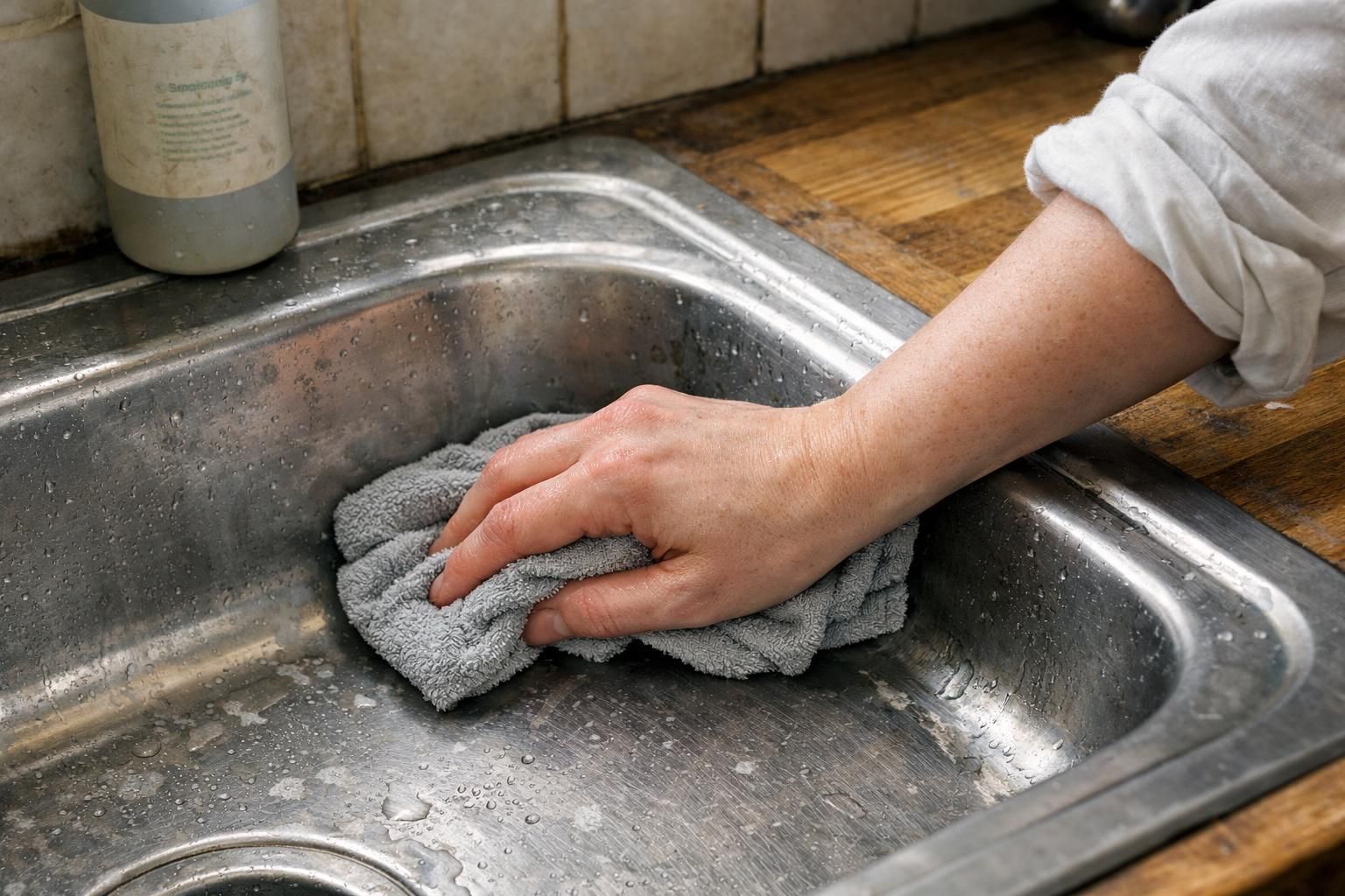A person scrubs a stainless steel sink during a deep clean.