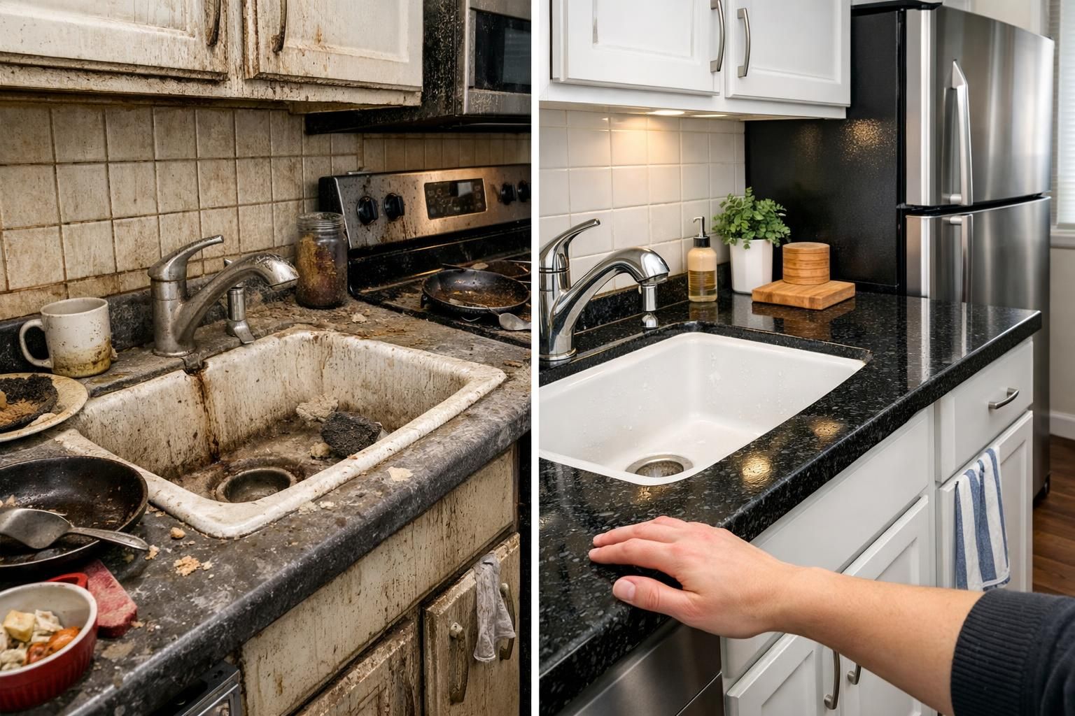 Split view of a kitchen, one side dirty, the other side spotless.