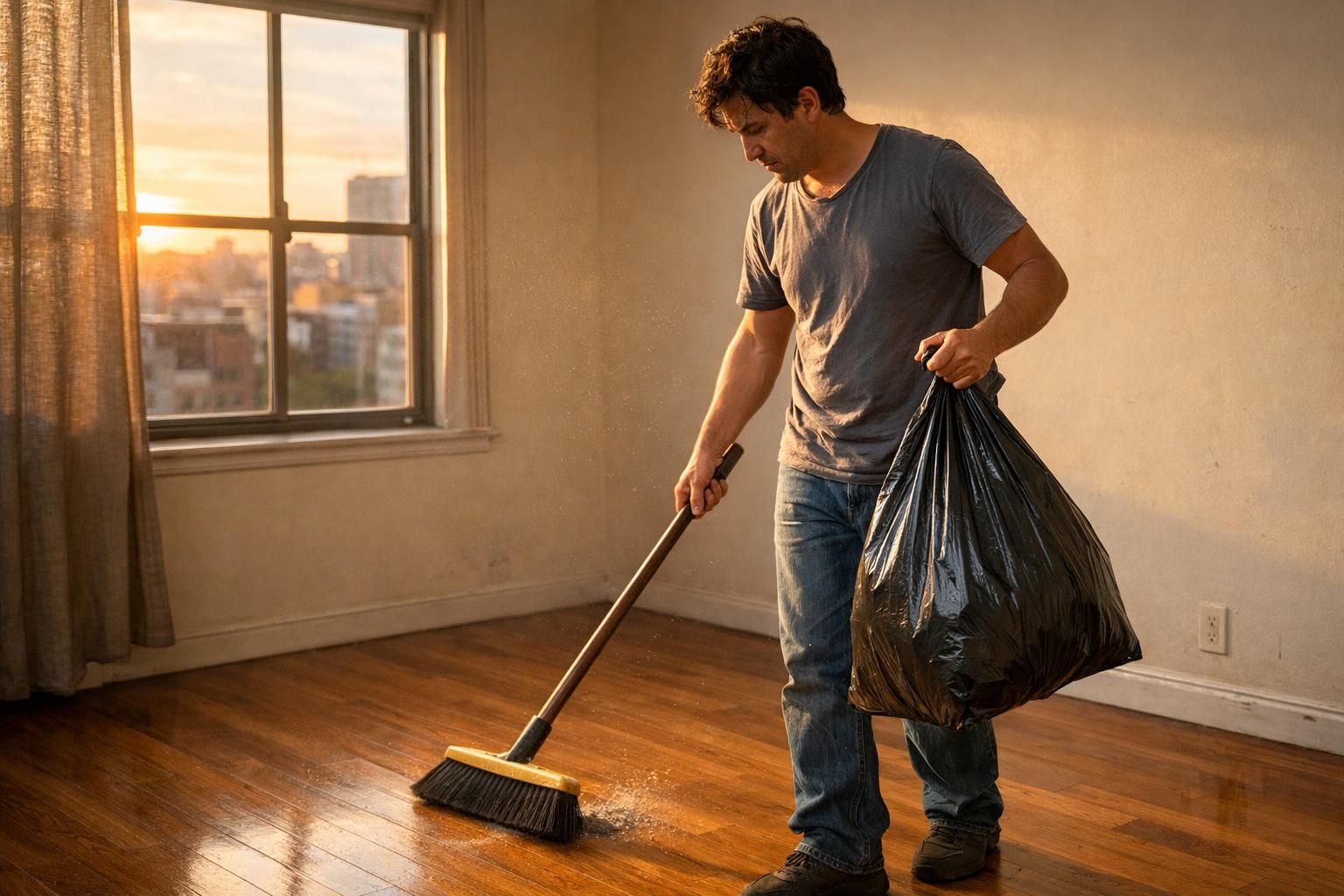 A person sweeps a living room floor while holding a garbage bag.