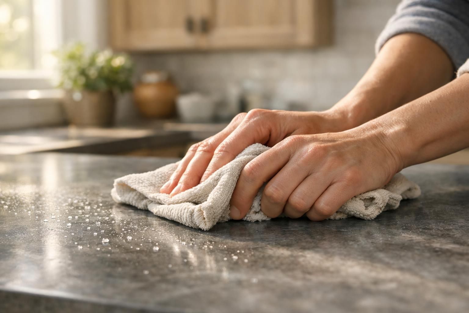A person polishes a granite countertop for a clean handoff.