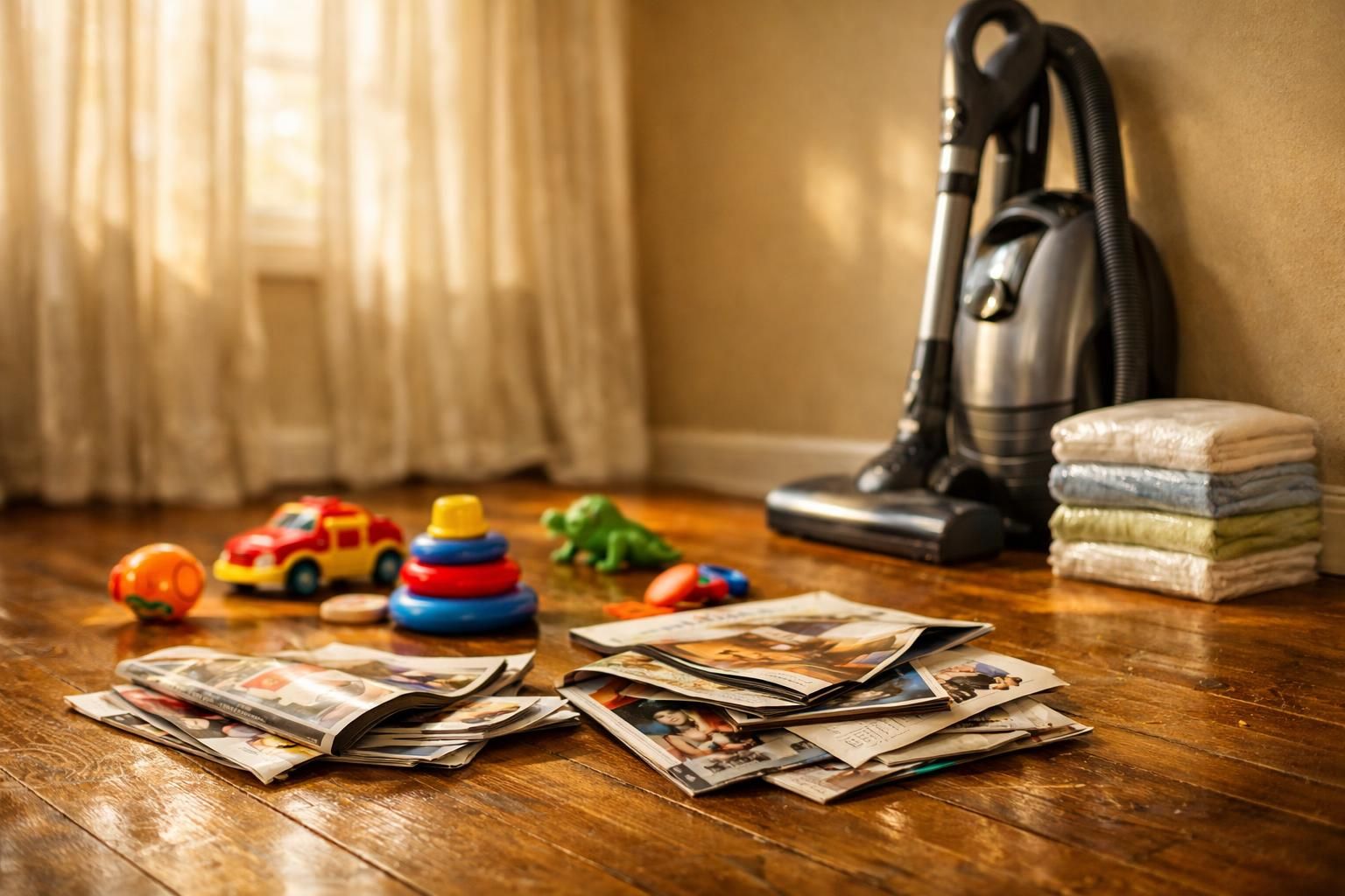 A lived-in living room with toys and magazines ready for decluttering.