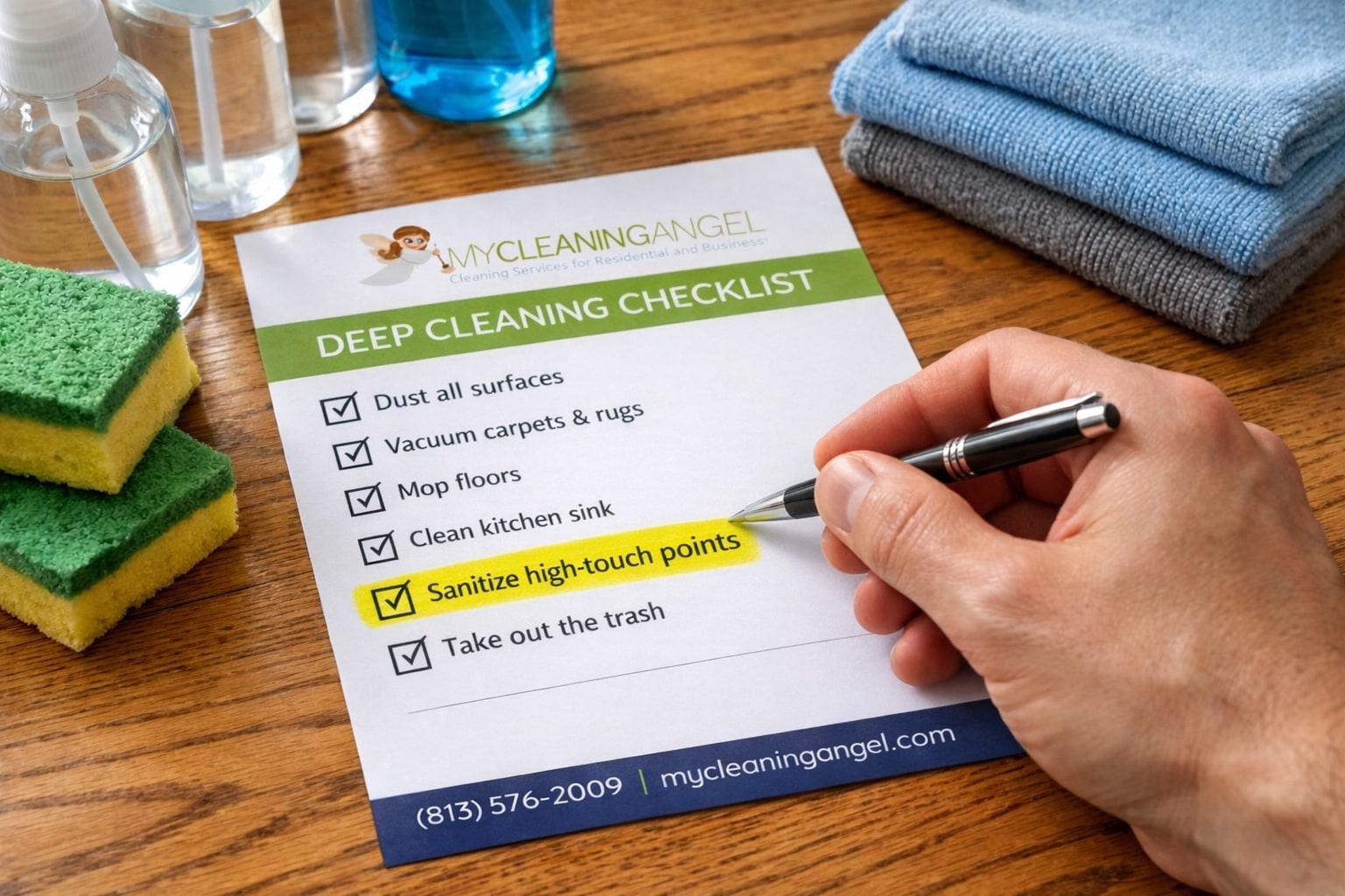 A simple cleaning checklist beside basic supplies on a wooden table.