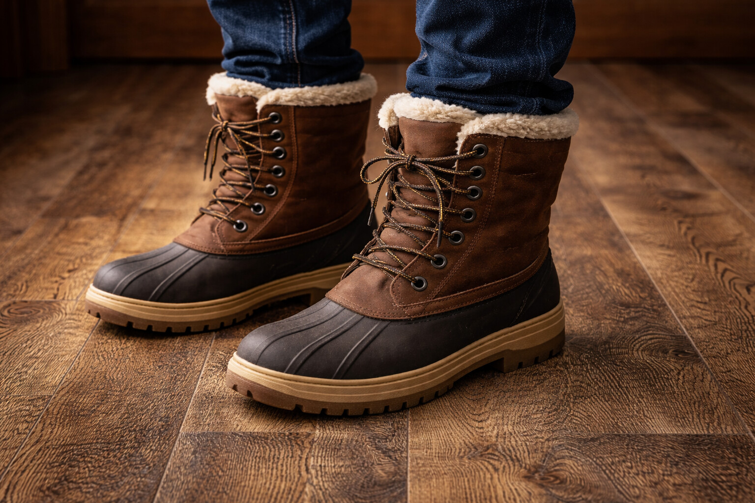 Worn winter boots standing on a textured hardwood floor close-up