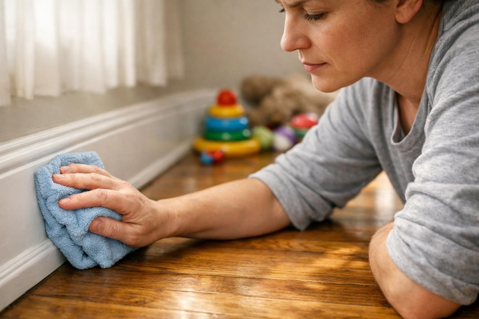 A person wiping white baseboards in a lived-in living room.
