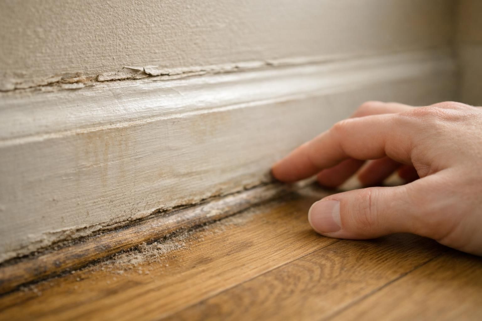Close-up of a worn wooden baseboard that needs careful cleaning and paint protection.
