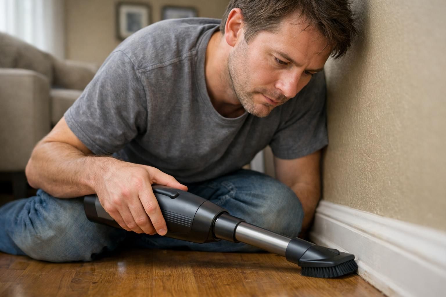 A person using a handheld vacuum to clean a living room.