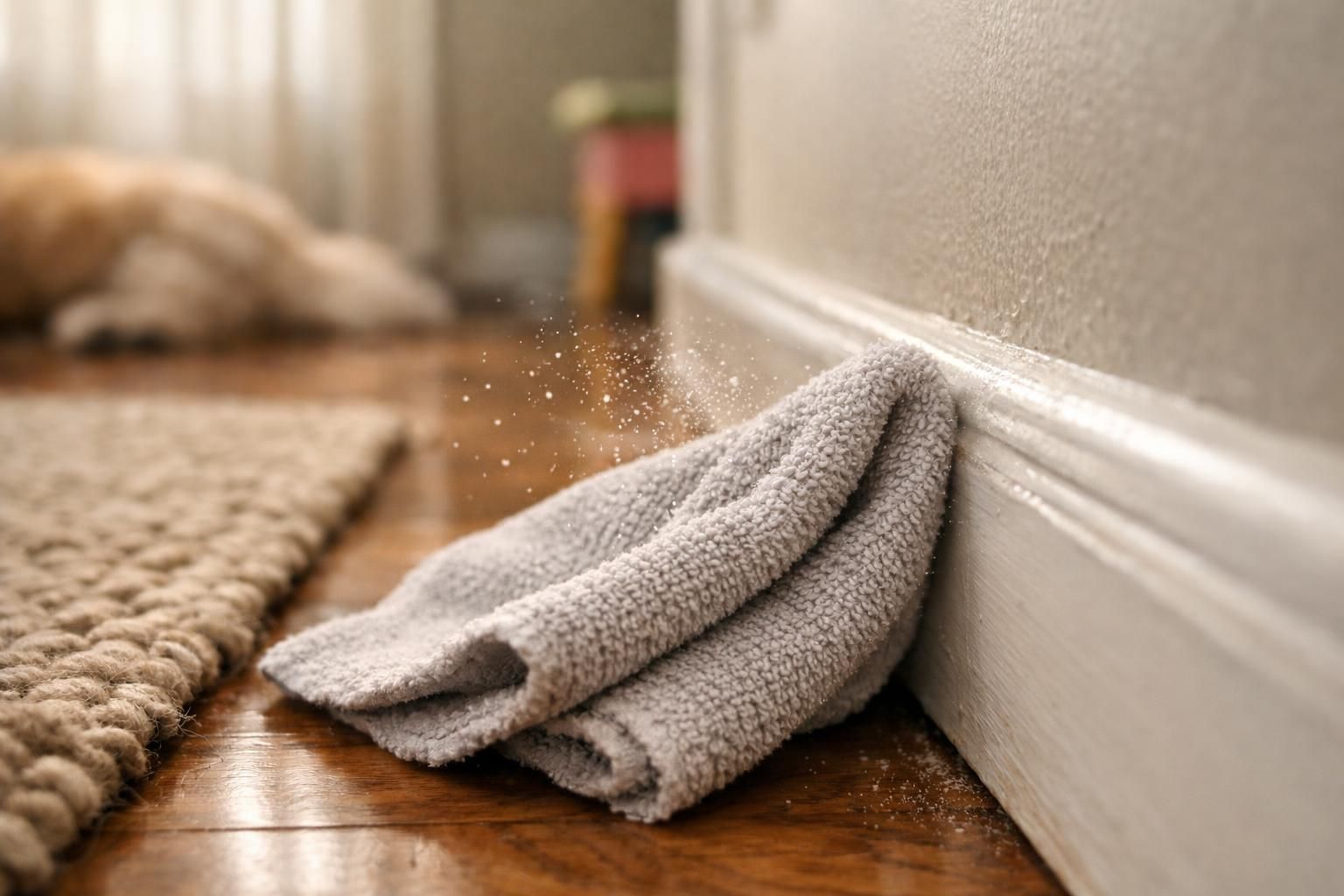 A hand using a microfiber cloth to clean a white baseboard.