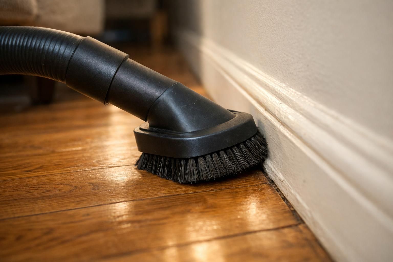 A vacuum brush cleaning a baseboard as part of routine home care.