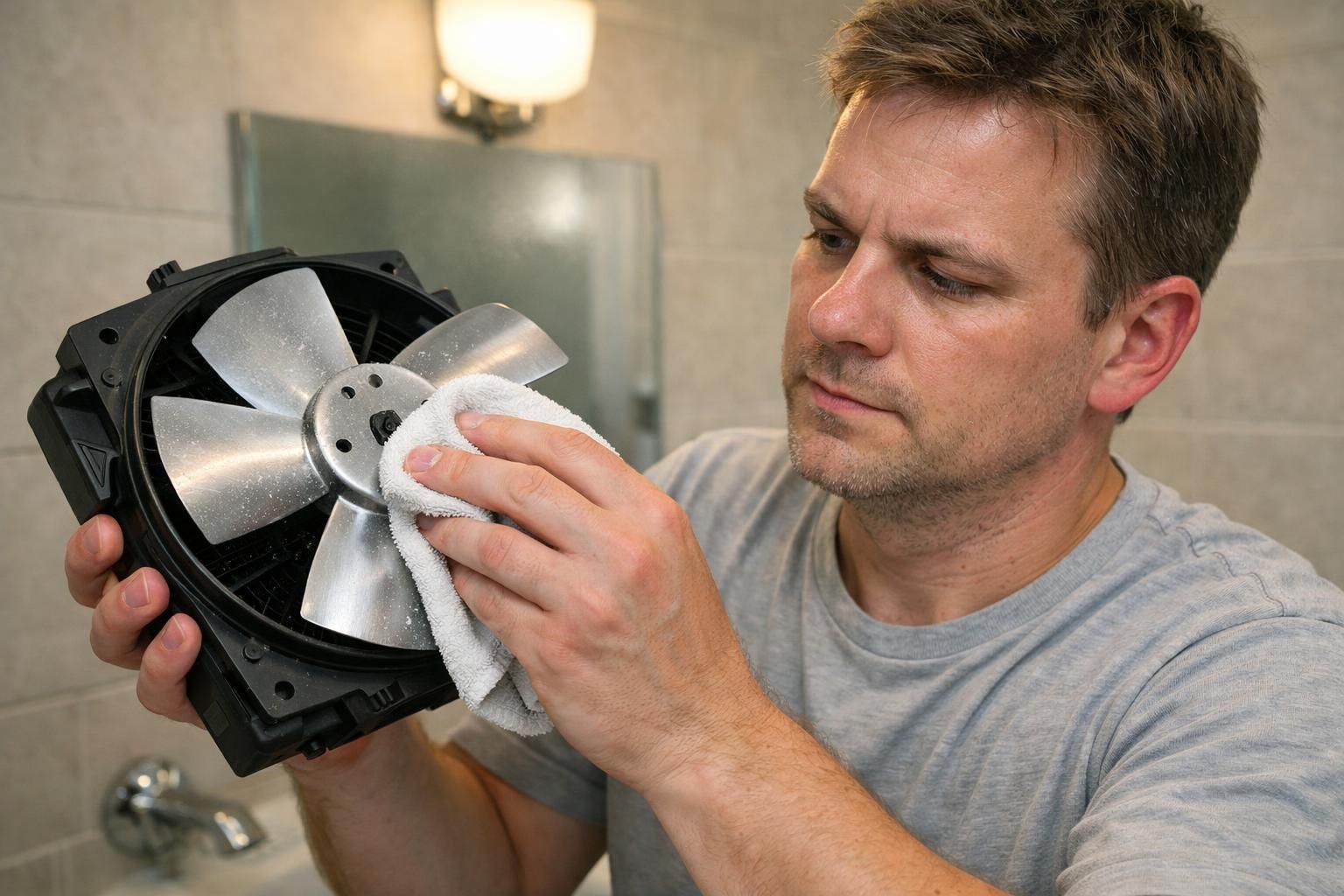 Homeowner wiping bathroom fan blades with a microfiber cloth during routine care.