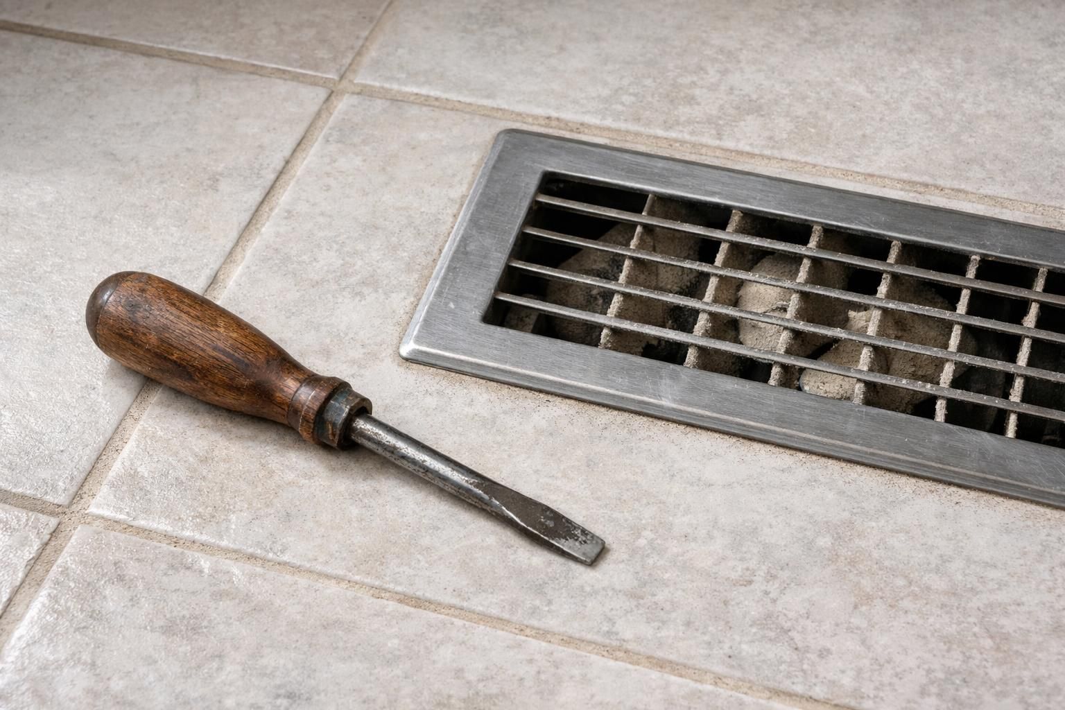 Phillips screwdriver next to a dusty vent cover on a bathroom floor.