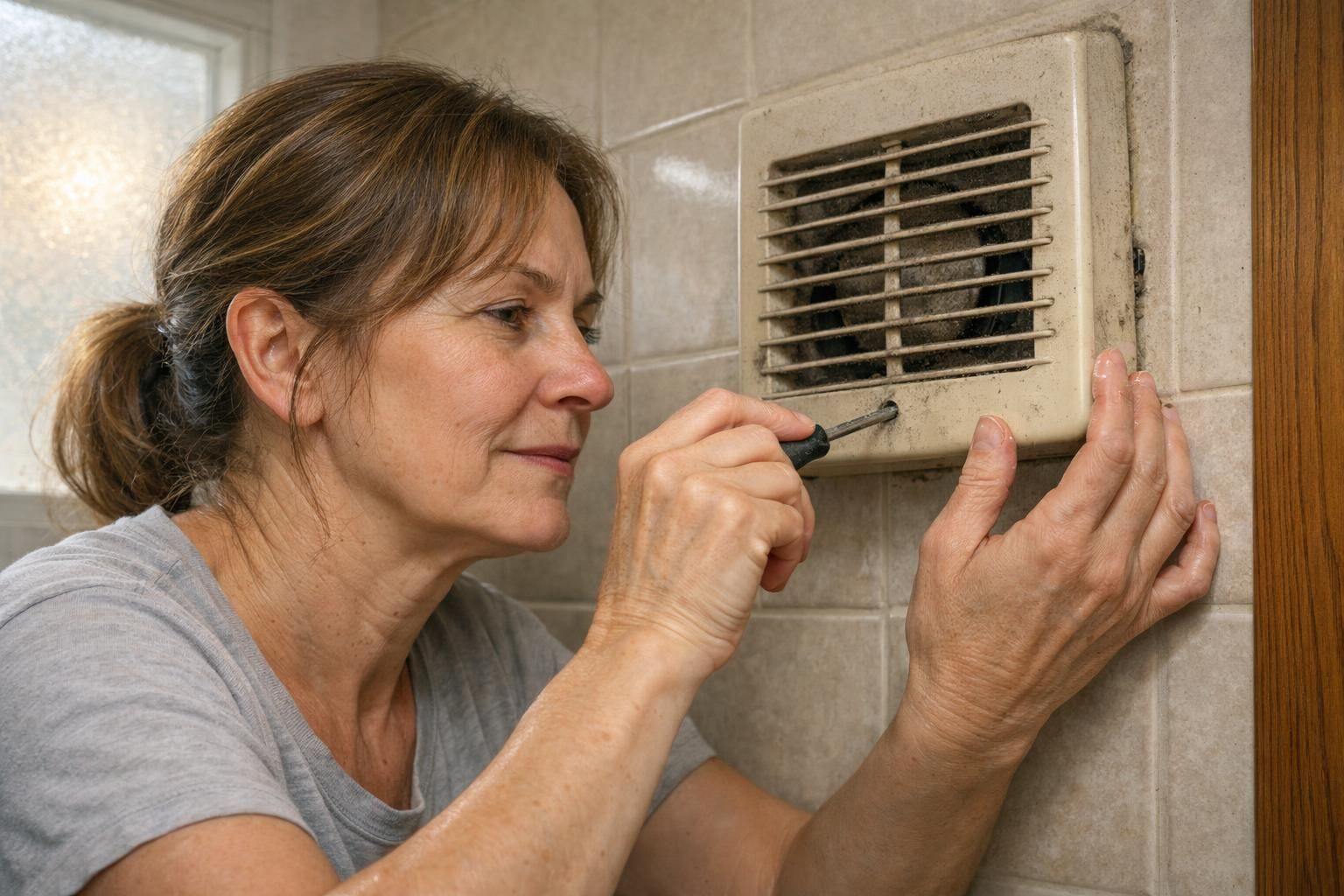 Homeowner evaluating a worn bathroom exhaust fan before replacement.