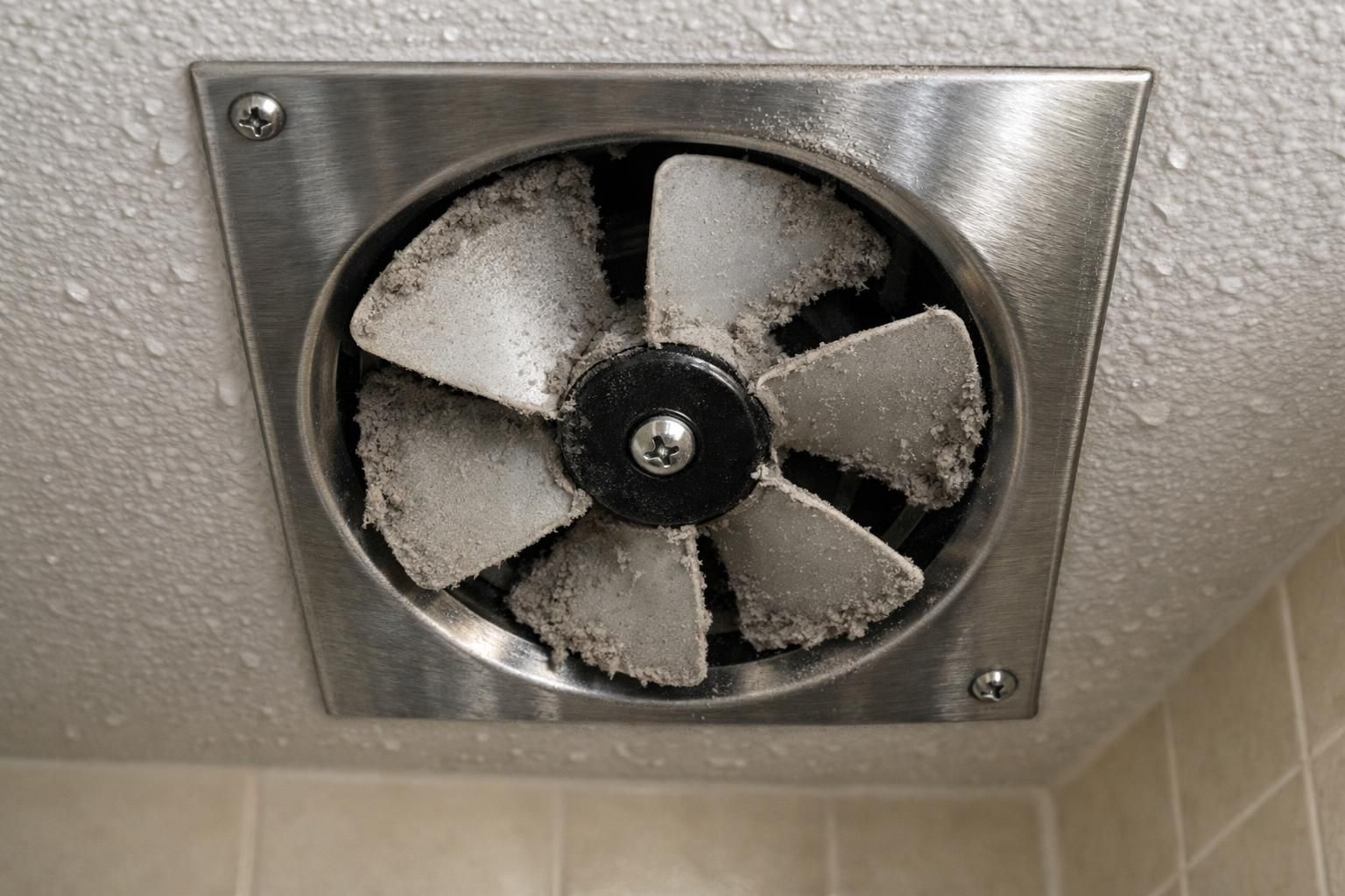 Close-up of a dusty ceiling exhaust fan before cleaning.
