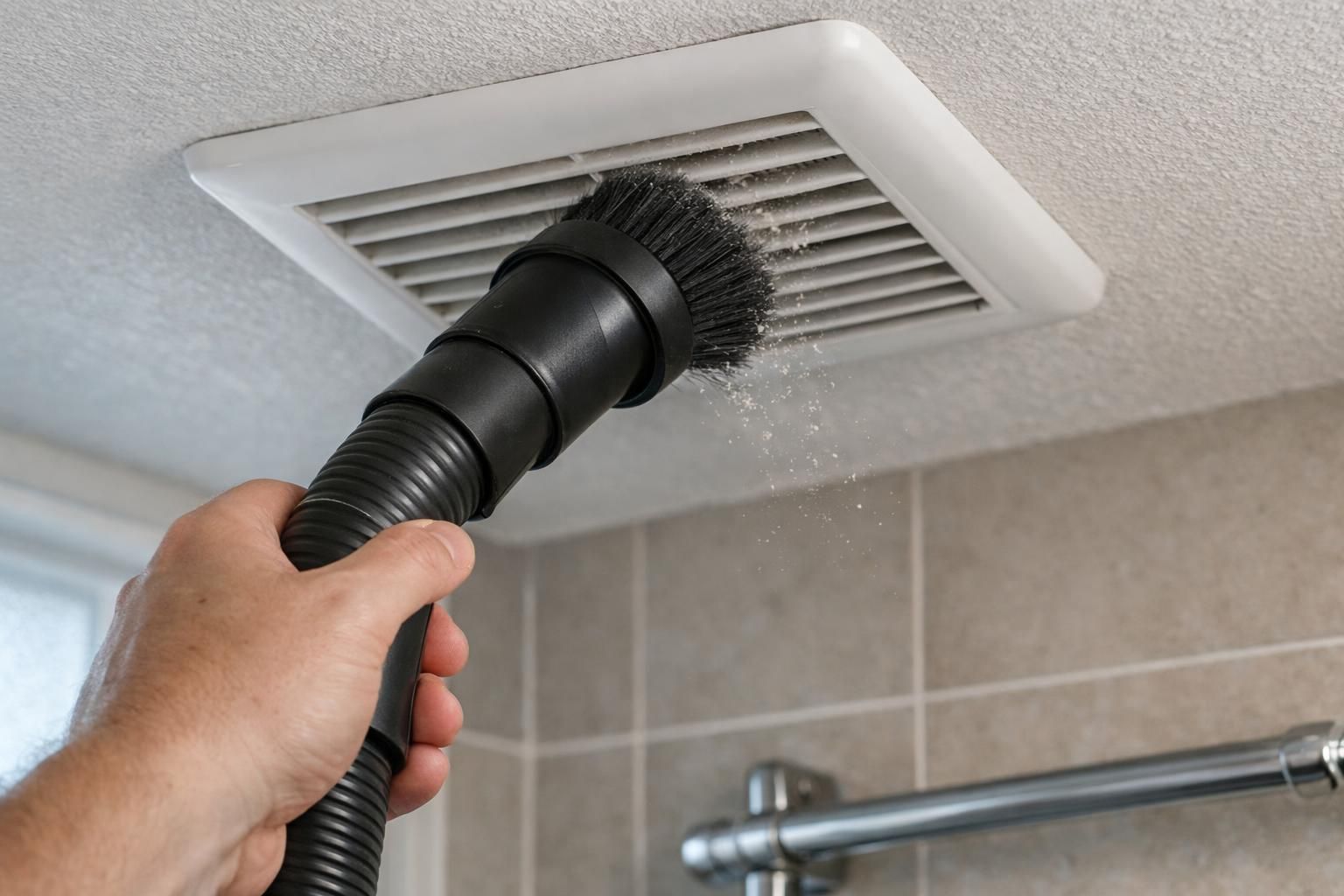 Vacuum brush tool removing lint from a bathroom fan grille.