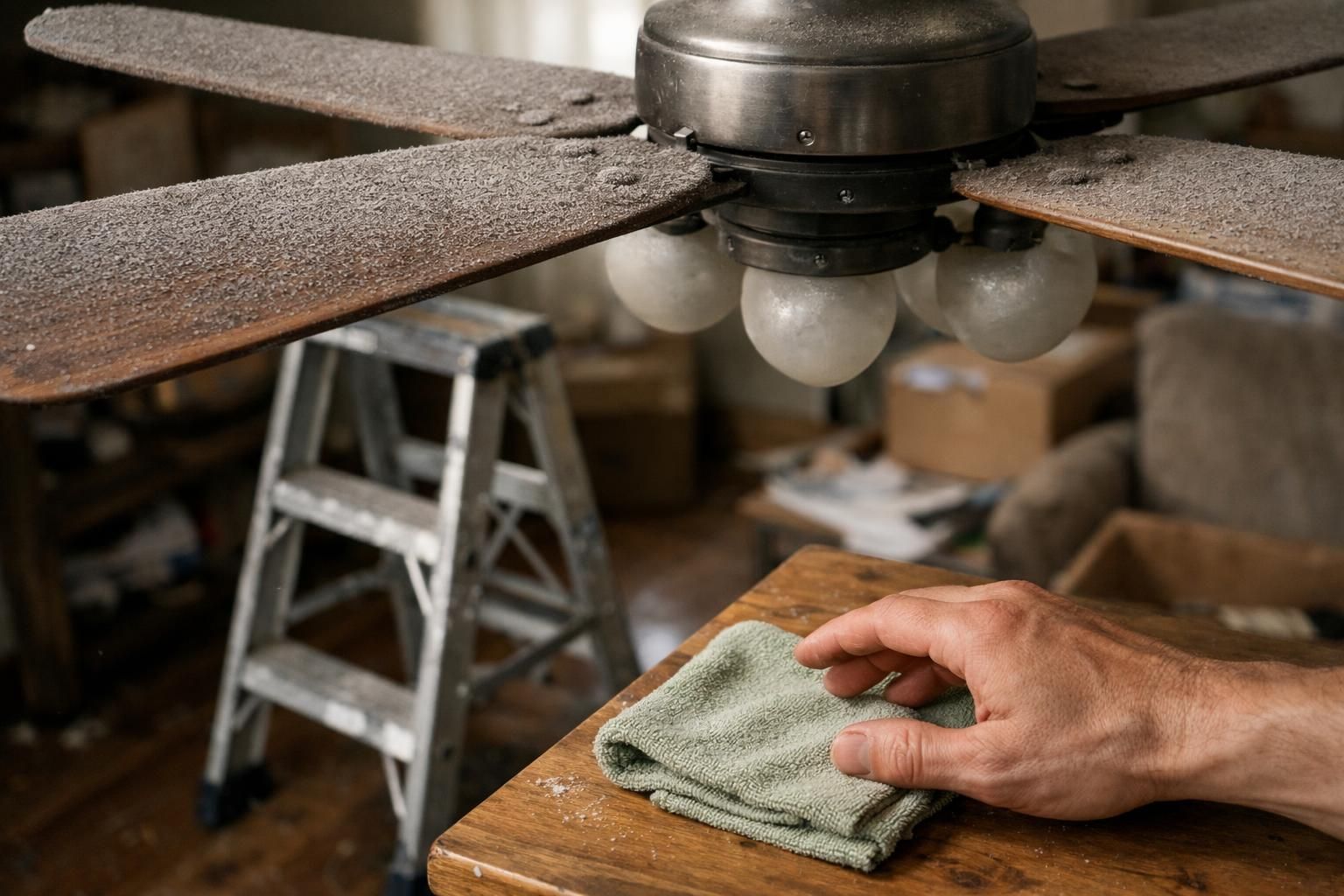 A dusty ceiling fan above a lived-in space before cleaning.