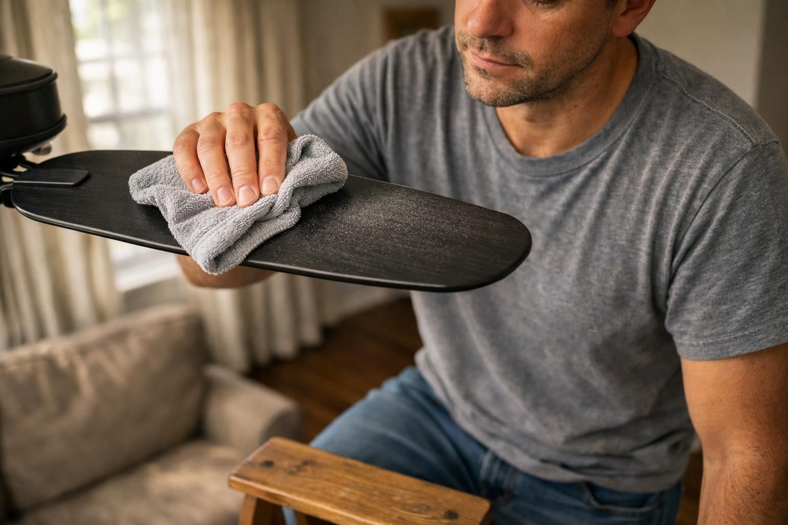 A person wipes a ceiling fan blade while standing on a step stool.