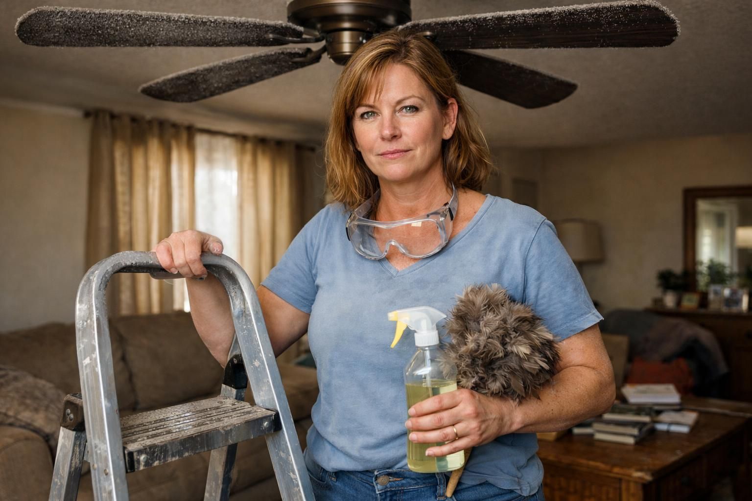 An adult gathers supplies to clean a living room ceiling fan.