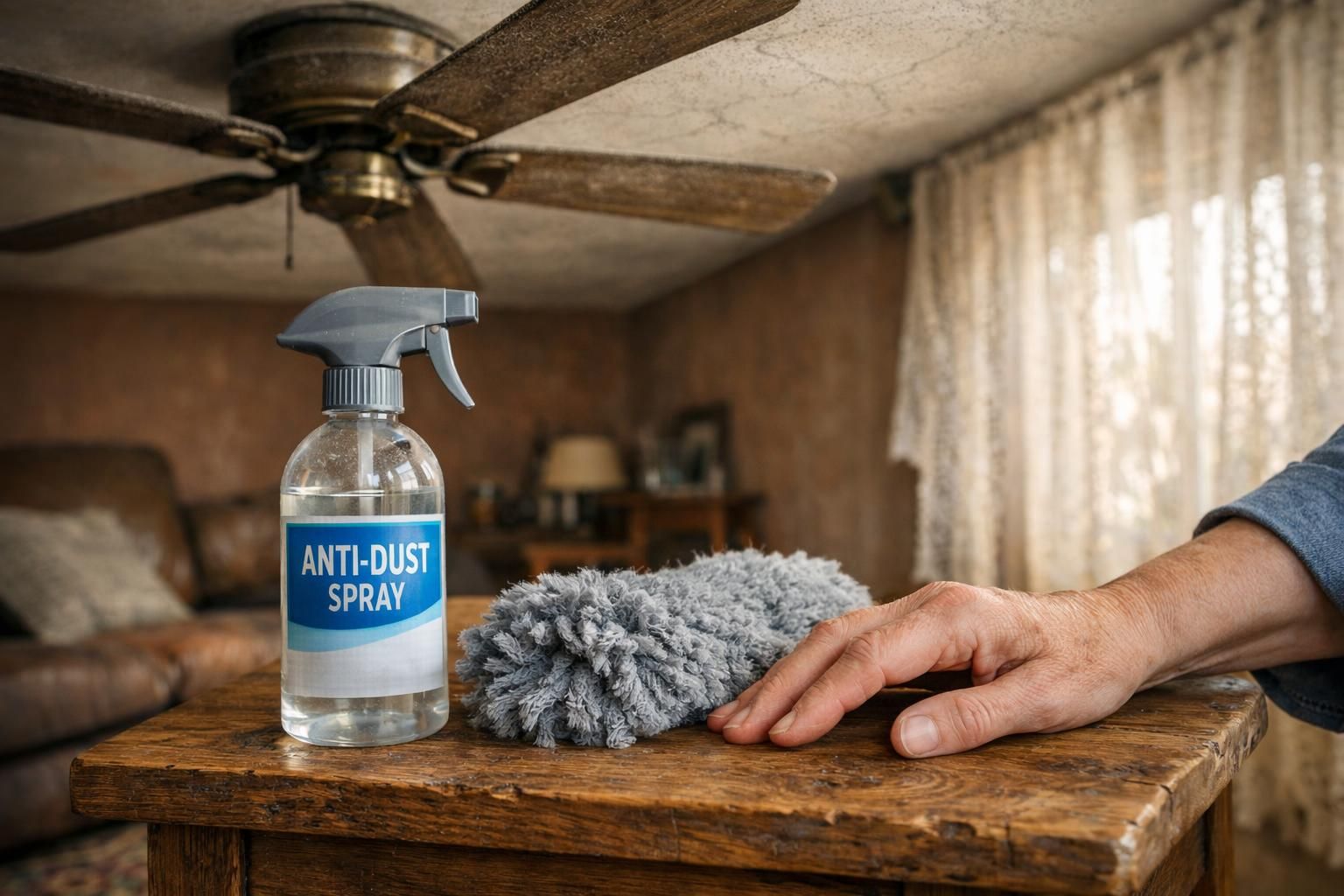 A person uses a duster and spray while cleaning a rustic living room.