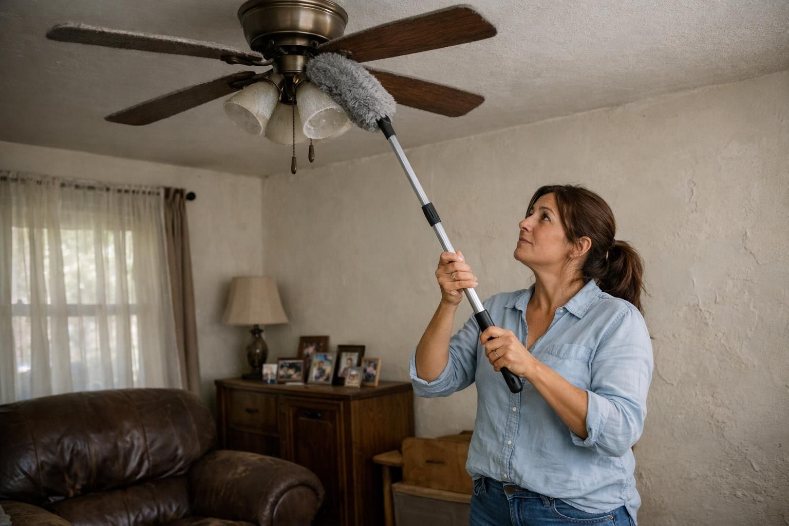 A person wipes a dusty ceiling fan in a living room.