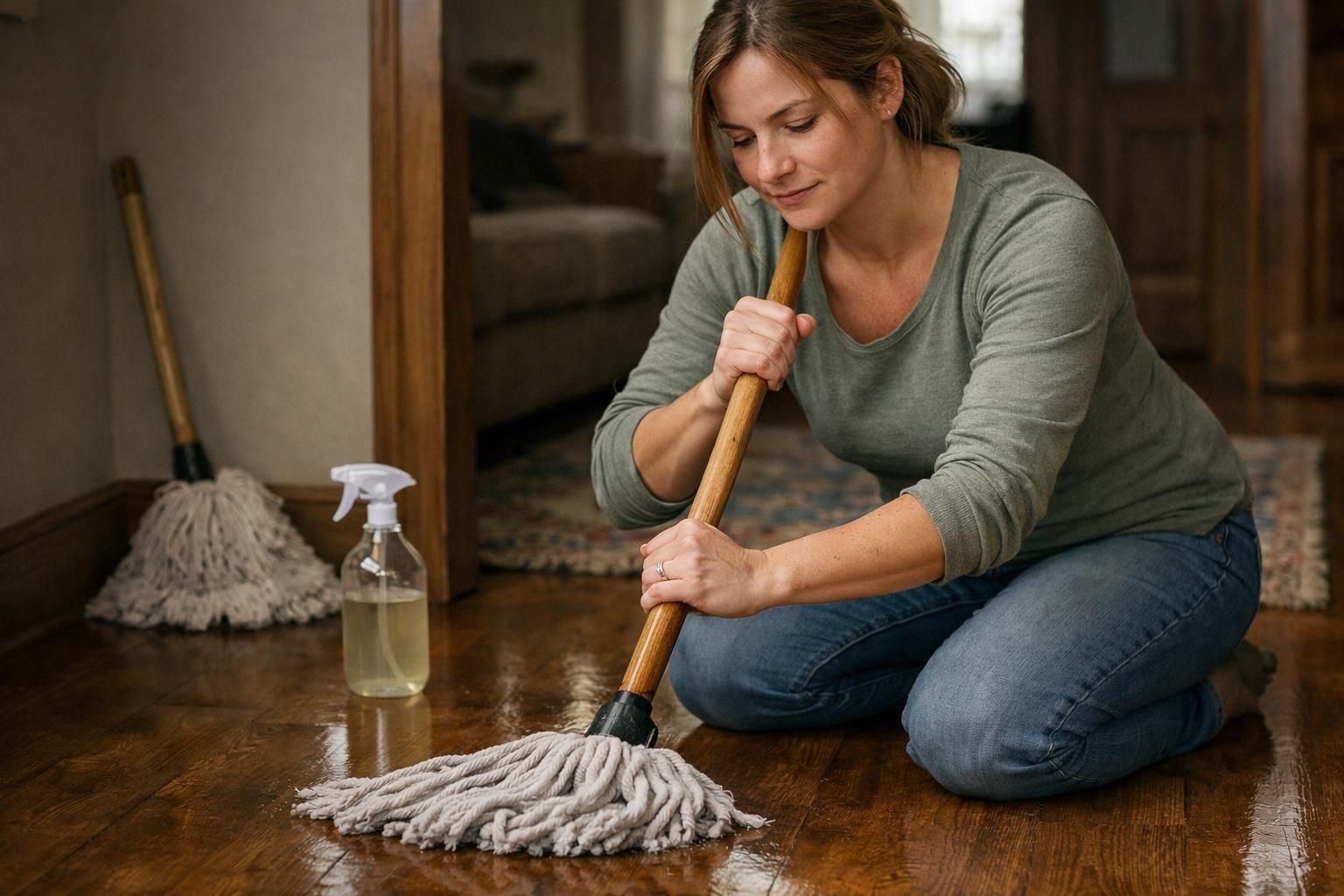 A woman cleans a hardwood floor with a wooden-handled mop, leaving a clean path.